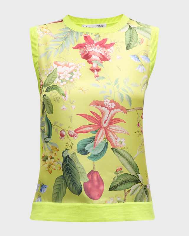 Floral And Fauna Satin Inset Knit Tank Top